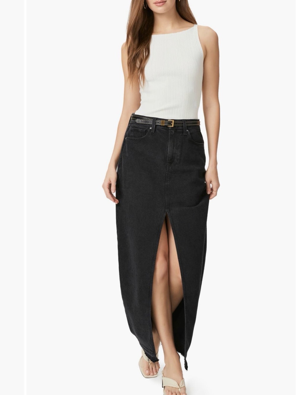 PAIGE Angela Raw Hem Slit Front Denim Maxi Skirt Black Denim